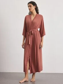 Ocili Lace Trim Belted Lounge Robe - Dusty Pink - View 5
