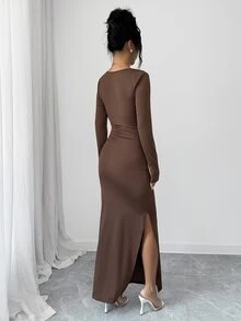 Elenzga Asymmetrical Neck Button Detail Split Thigh Dress - Brown - View 2