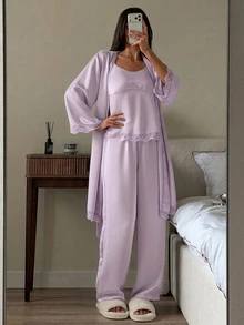 DAZY Contrast Lace Belted PJ Set - Mauve Purple - View 5