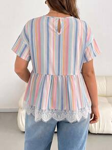 Shapeblank Plus 1pc Striped Print Lace Trim Peplum Blouse - Multicolor - View 2