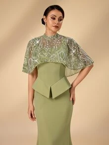 Serin Contrast Sequin Mermaid Hem Mother Of The Bride Dress - Green - View 2
