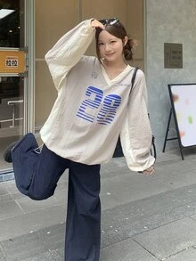 DAZY Sweatshirt Longgar Model Bahu Jatuh dengan Grafis Huruf dan Angka untuk Musim Gugur - Grey - View 2