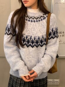 DAZY Suéter con manga raglán y estampado Fair Isle - Azul - Ver 3