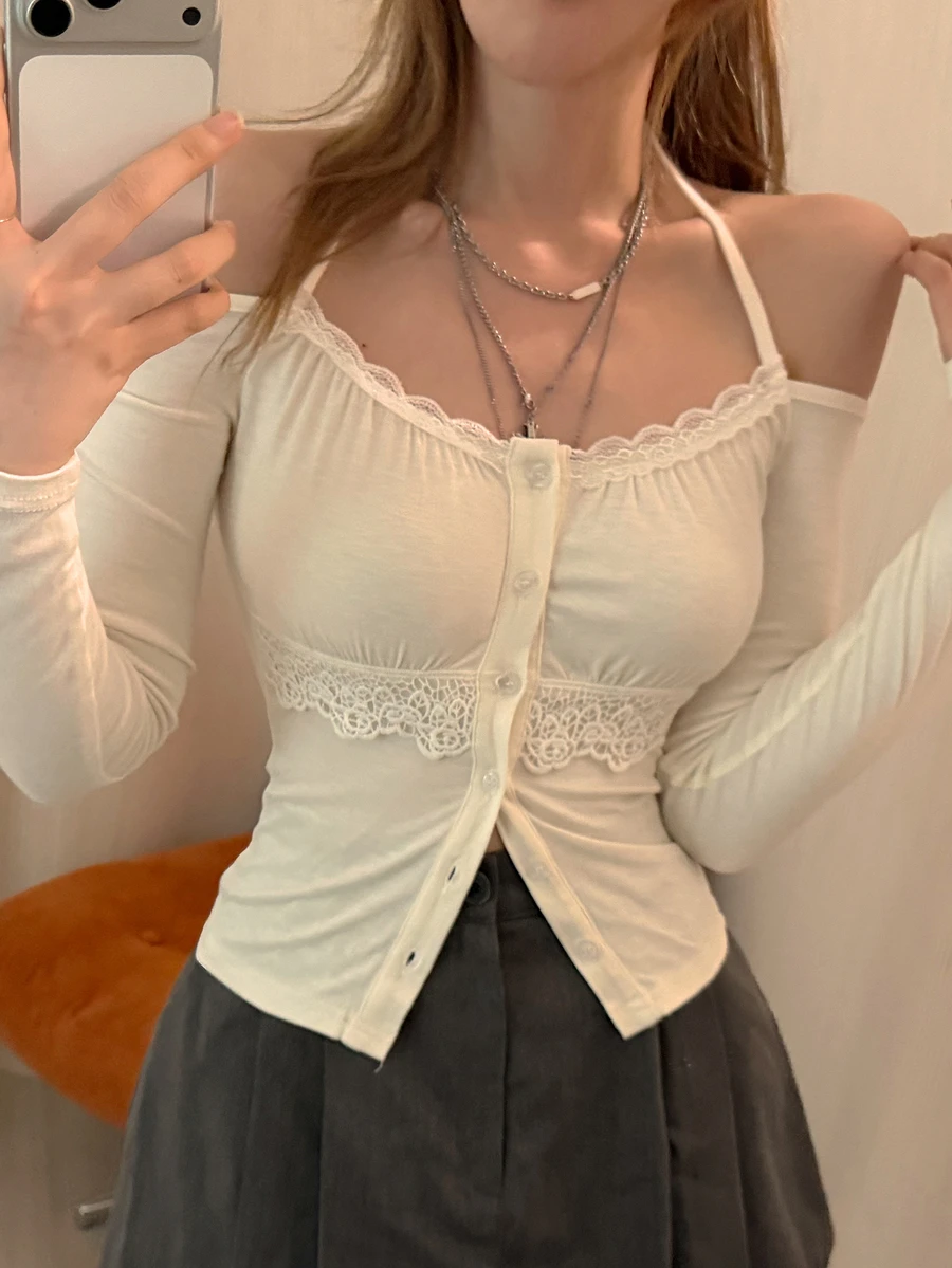 DAZY Atasan Halter Kancing Depan Renda Kontras Polos untuk Musim Gugur, Atasan Bahu Terbuka untuk Acara Malam, Warna Beige, Romantis, Elegan - Putih - View 1