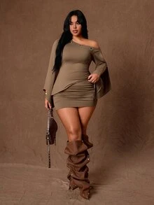 Rustia Plus Grommet Asymmetrical Neck Split Sleeve Top Bodycon Skirt Set Club Party Khaki Summer Sexy - Brown - View 7