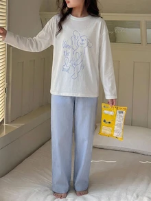 DAZY 青少年女孩動物印花長袖上衣與條紋長褲睡衣套裝 - 藍白色 - 查看 4