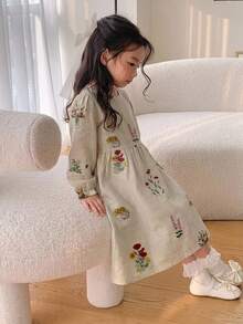 Dazy Kids 女童花卉印花荷葉袖洋裝 - 杏色 - 查看 6