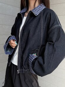 FRIFUL Plaid Print Drop Shoulder Zip Up Denim Jacket Everyday Going Out School Navy Blue And White Autumn Casual Streetwear Street - Blue - View 4