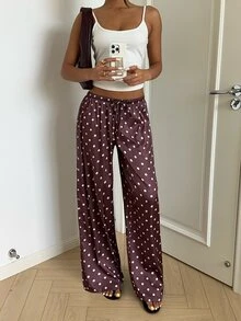 Aloruh 波點印花抽繩腰寬腿褲 女款秋季紫色波點休閒居家長褲 - 可可 - 查看 5