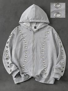 ROMWE MEN Men Zip-Up Hoodies - Grey - View 1