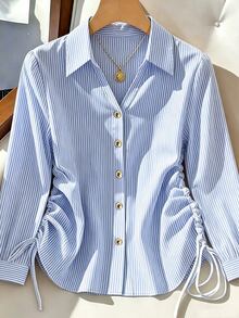 SHEIN Franclia Vertical Blue And White Stripe Drawstring Side Shirt Teachers' Day Office Autumn Smart Casual Elegant - Blue - View 2