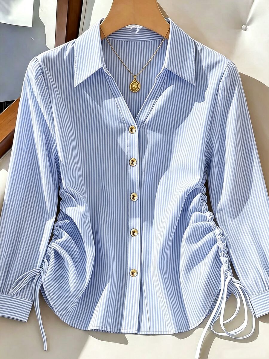 SHEIN Franclia Vertical Blue And White Stripe Drawstring Side Shirt Teachers' Day Office Autumn Smart Casual Elegant