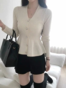 DAZY Solid Button Through Peplum Cardigan Fall Long Sleeve Tops - White - View 5