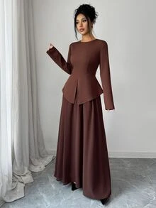 Elenzga Gaun Panjang Polos dengan Kelim Asimetris - Coklat - View 3