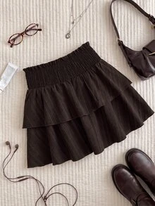Comfortcana Plus Solid Elastic Waist Ruffle Hem Skirt Fall - Brown - View 9