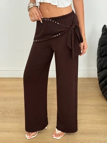 SHEIN Pearls Beaded Detail Wide Leg Pants - Brown - View 3