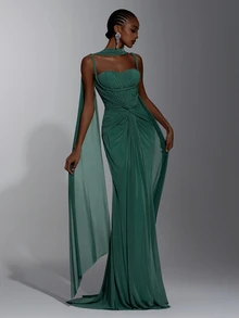 Elitara Twist Front Mesh Formal Dress With Cape - Green - View 7