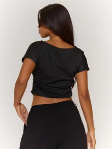 MUSERA ESSENTIALS Black Side Ruched Gathering Detail Boat Neckline Short Sleeve Cropped Fitted Tee Top Casual Minimalist Loungewear Everyday Going Out Night Out Summer - Black - View 4