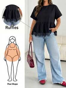 Shapeblank Blusa de Peplum con Encaje de Contraste Talla Grande - Negro - Ver 6