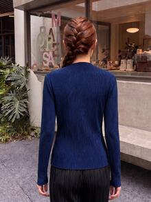 Zaforene Women Blouses Shirts Office Navy Blue Autumn Minimalist - Blue - View 2