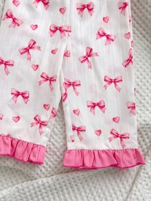 SHEIN Conjunto de pijama para niña bebé con estampado de lazos, ribete de contraste y volantes - Blanco - Ver 11