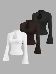 Sweetra 3pcs Cut Out Front Flare Sleeve Tee - Multicolor - View 1