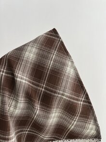 Elamini Plaid Print Lace Trim Knot Front Blouse - Brown - View 8