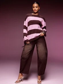 Denimoi Sweater Rajut Leher Bulat Bergaris Kontras Merah Muda & Cokelat untuk Wanita, Pullover Lembut Lengan Panjang Santai, Atasan Kasual Musim Gugur/Dingin - Coklat - View 6
