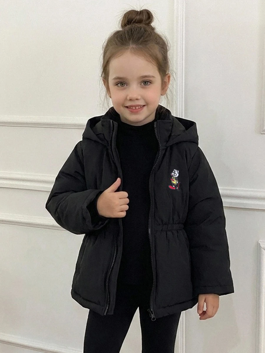 DAZY Young Girl Letter & Cartoon Graphic Hooded Winter Coat Fall - Black - View 1
