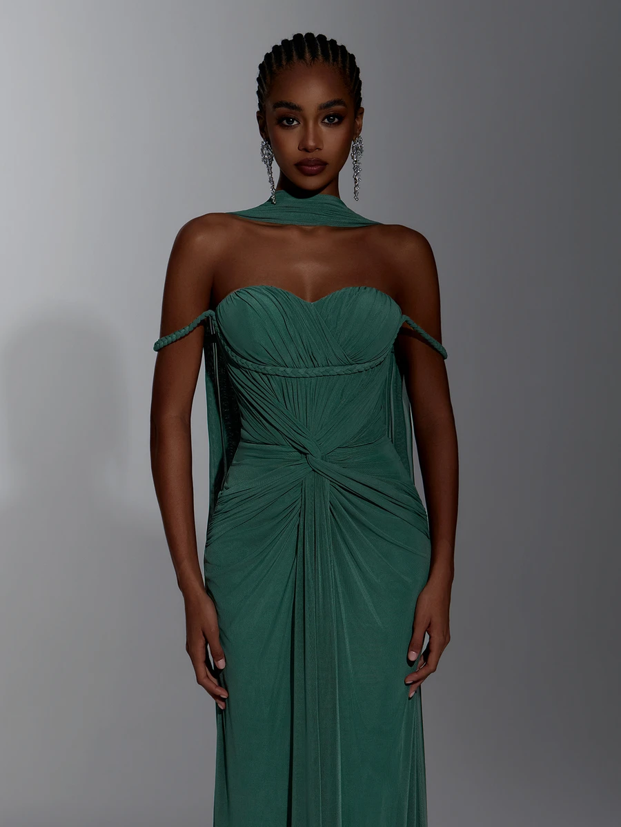 Elitara Elegant Dark Sage Green Mesh Braided Trim Twist Front Sweetheart Detachable Cape Bodycon Mermaid Train Evening Gown Formal Wedding Guest Prom Dress - Green - View 1