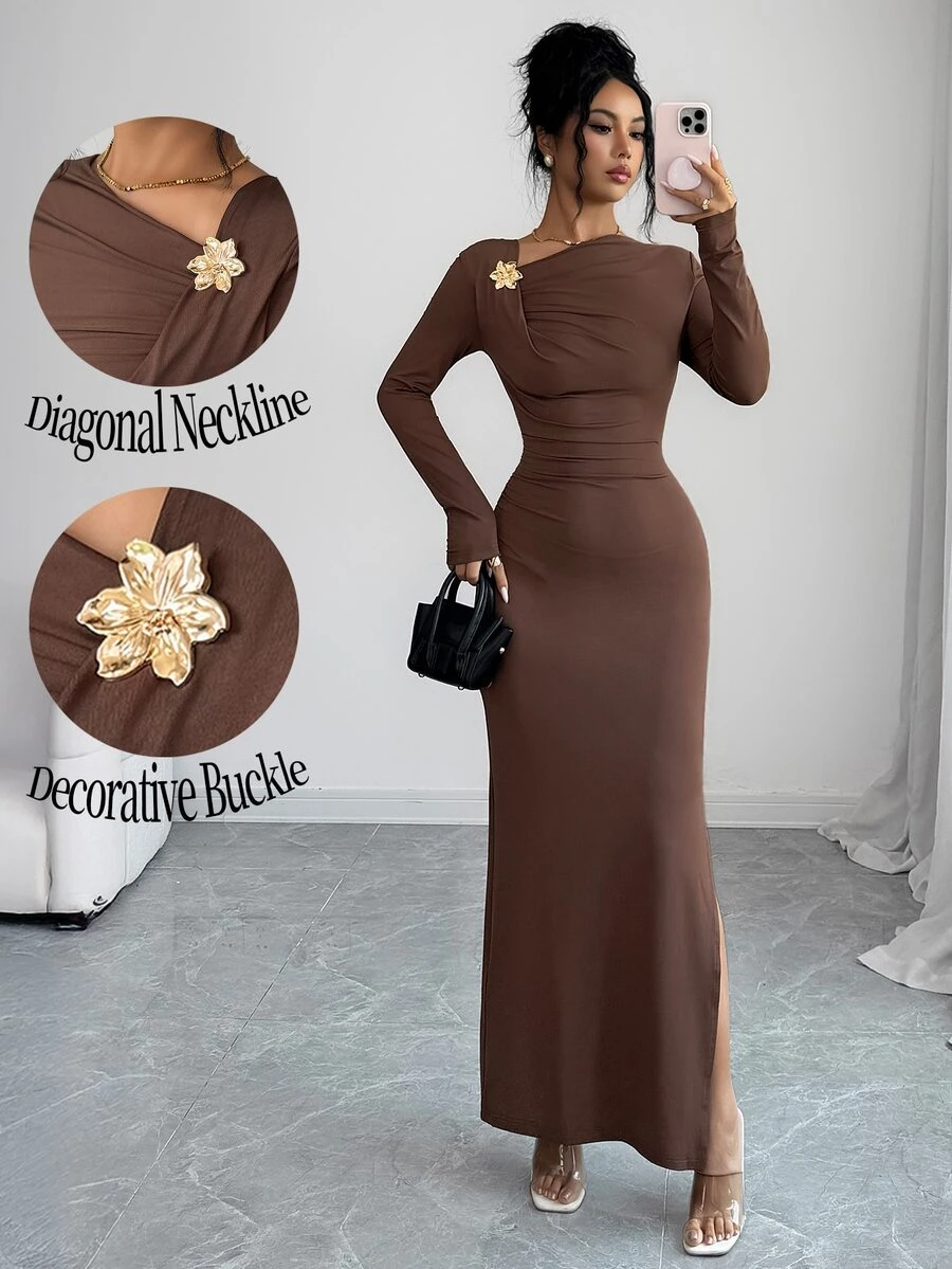 Elenzga Asymmetrical Neck Button Detail Split Thigh Dress - Brown - View 1