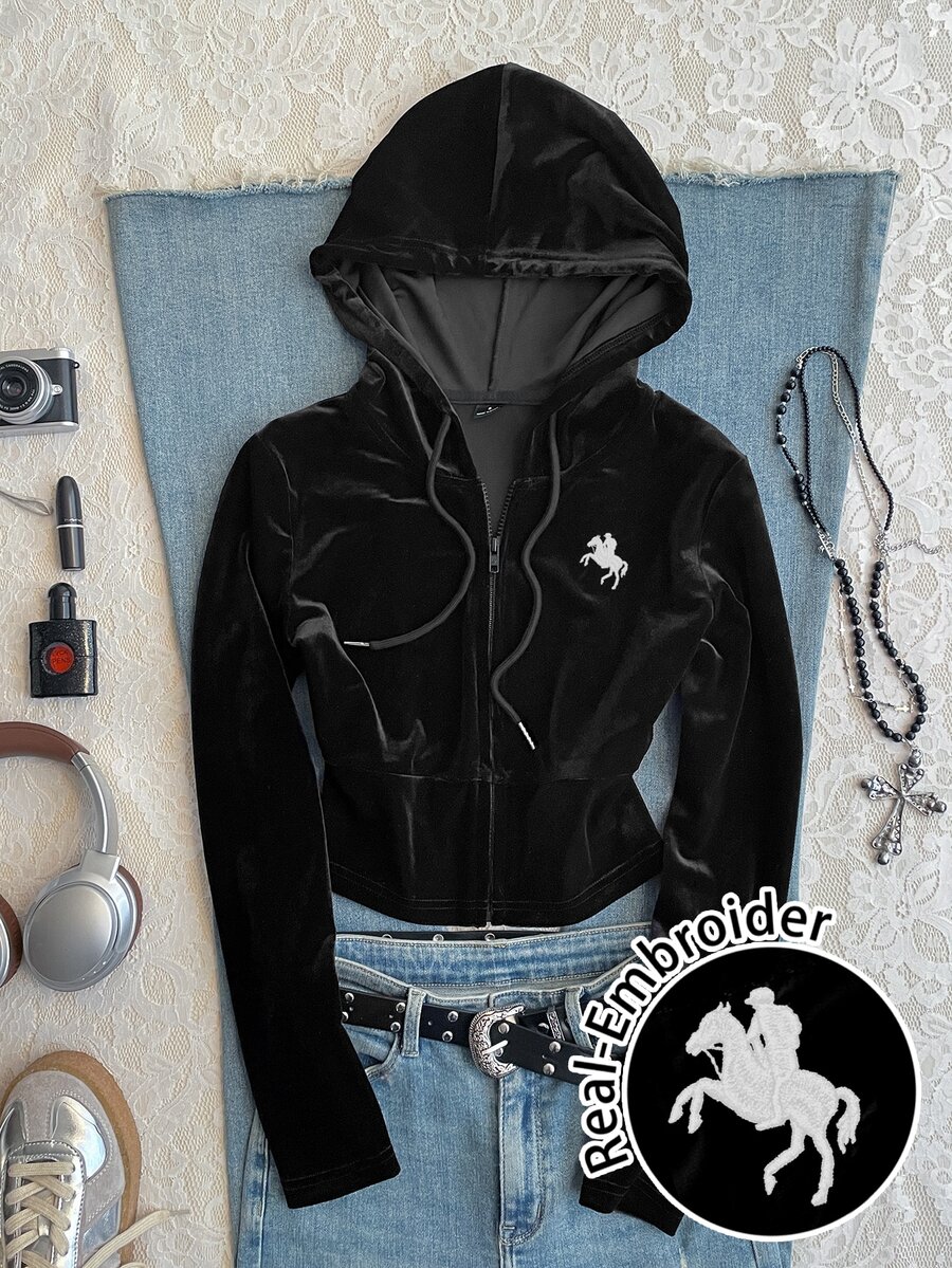 Attitoon Sudadera con capucha, cordón y cremallera con detalle de bordado en terciopelo - Negro - Ver 1