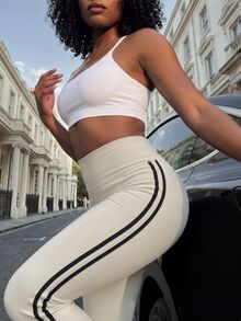 Rovax Striped Side Flare Leg Sports Leggings - Beige - View 2