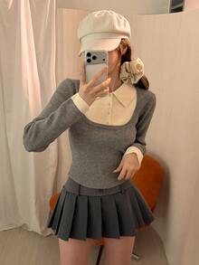 DAZY Suéter 2 en 1 con cuello en contraste para otoño - Gris - Ver 1