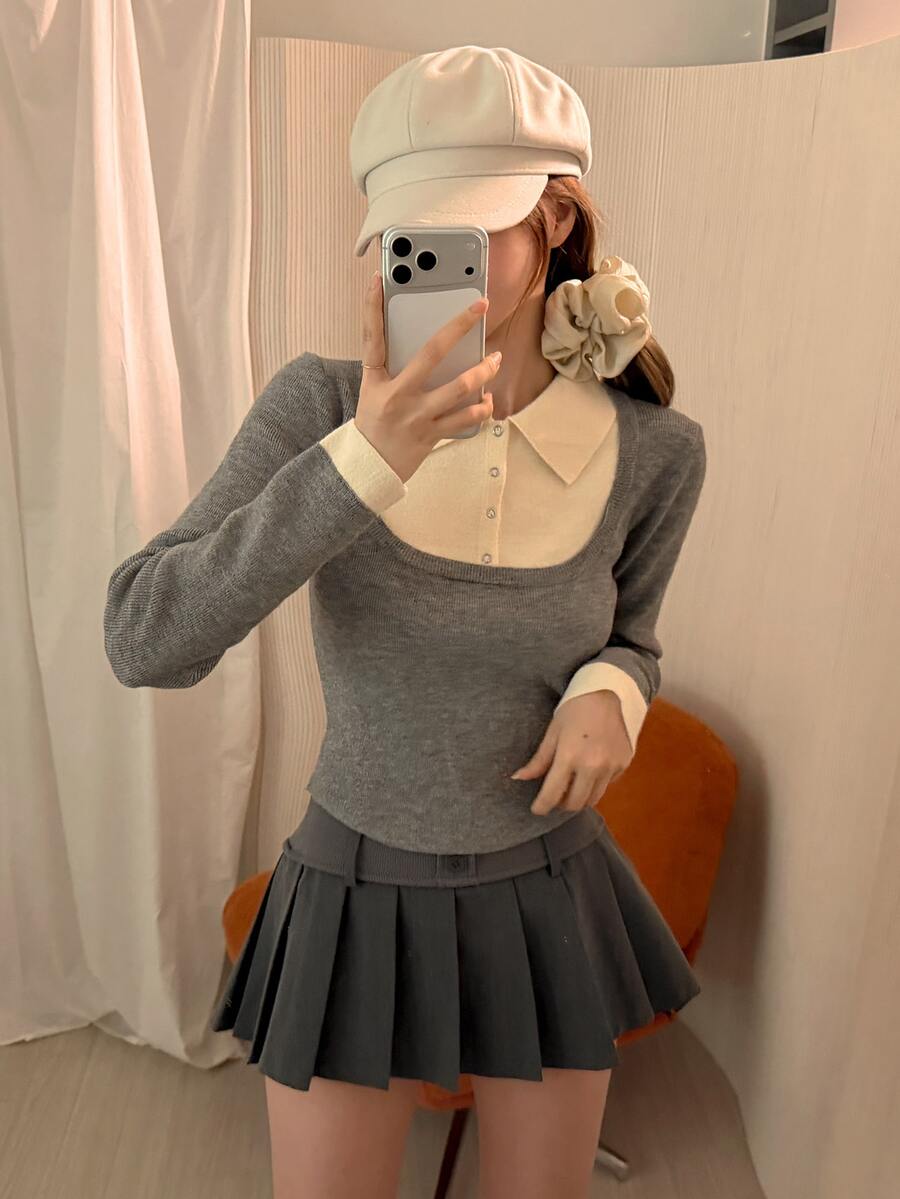 DAZY Suéter 2 en 1 con cuello en contraste para otoño - Gris - Ver 1