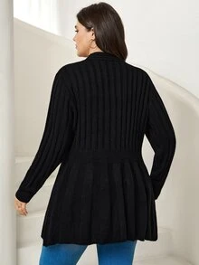 Comfylo Cardigan de talla grande de color sólido con frente abierto - Negro - Ver 2