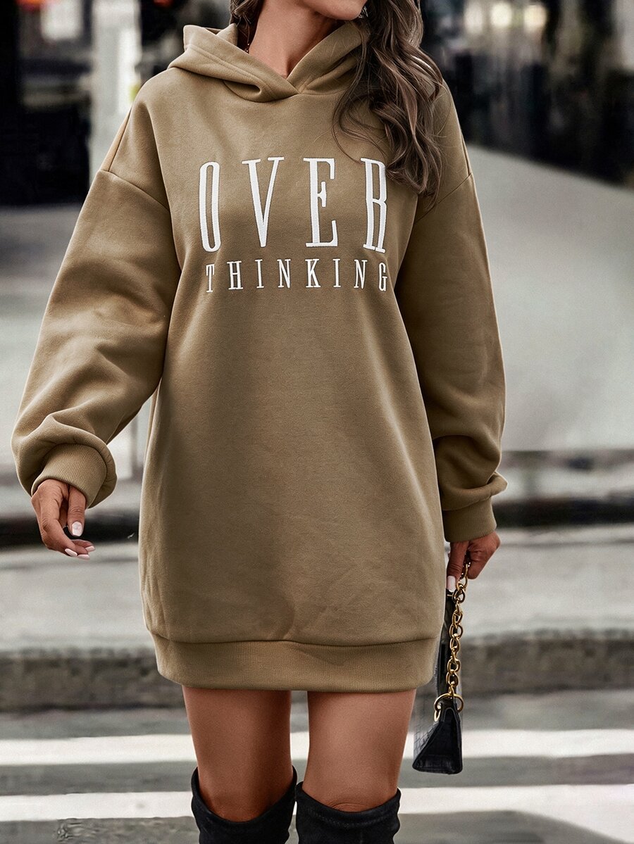 SHEIN Letter Graphic Drop Shoulder Oversize Hooded Sweatshirt Dress - Khaki - View 1