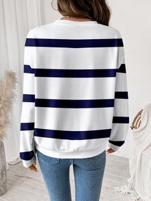 SHEIN LUNE 對比條紋印花落肩寬鬆版衛衣 - 白色 - 查看 2