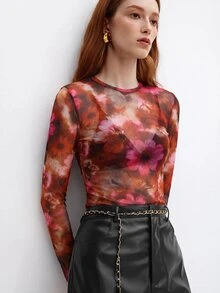 BizChic Pink Floral Mesh Top Without Bra Night Out Party Autumn Sexy - Orange - View 5