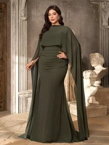 Aureia Plus Mock Neck Cloak Sleeve Ruched Waist Mermaid Hem Formal Dress - Army Green - View 5