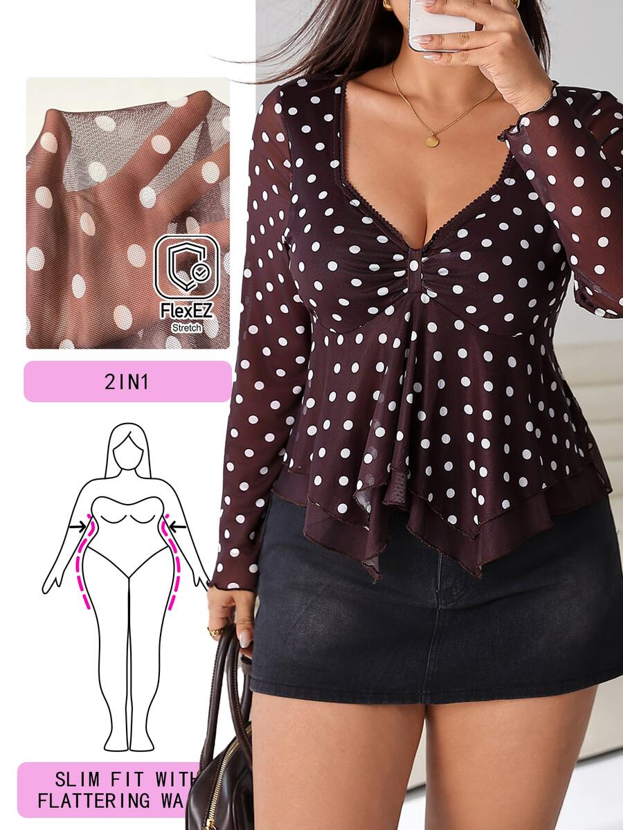 Solflare Plus Polka Dot Print Ruched Front Peplum Tee Fall