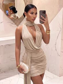 Slaydiva Women Plunge Neck Ruched Mini Dress Backless Halter Neck Sleeveless Slim Fit Party Dress Khaki Mini Dress Birthday Party Cocktail Dinner Christmas Eve - Khaki - View 6