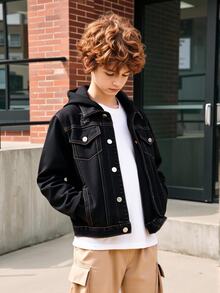 SHEIN Tween Boy 1pc Top-Stitching Flap Pocket Hooded Denim Jacket - Black - View 7