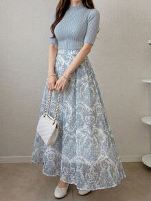 DAZY Set Kaos Leher Tinggi dan Rok Lipit Motif Paisley untuk Musim Gugur - Biru - View 6