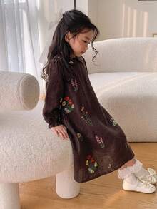 Dazy Kids 女童花卉刺繡彼得潘領荷葉袖洋裝 - 棕色 - 查看 3