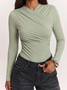 SHEIN BAE 秋冬淺綠色裹身V領抓皺腰身緊身長袖連體衣 感恩節聖誕節新年約會休閒穿搭 - 綠色 - 查看 3