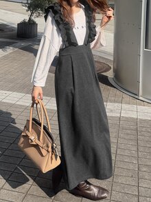 FRIFUL Solid Ruffle Trim Overall Dress Without Tee Brunch Dark Green Autumn French Elegant - Dark Grey - View 4