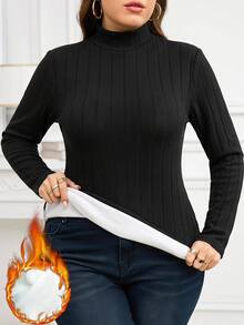 Chikora Camiseta térmica de cuello alto lisa para otoño e invierno, talla grande - Negro - Ver 2
