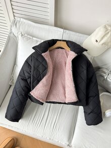 SHEIN 青少年女孩拉鍊式保暖內裡短版絎縫外套 - 黑色 - 查看 6