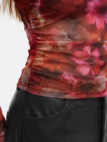 BizChic Pink Floral Mesh Top Without Bra Night Out Party Autumn Sexy - Orange - View 7